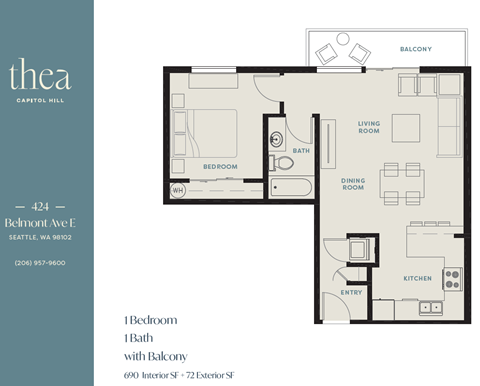 Floor plan for 1 bed, 1 bath, 691 sqft